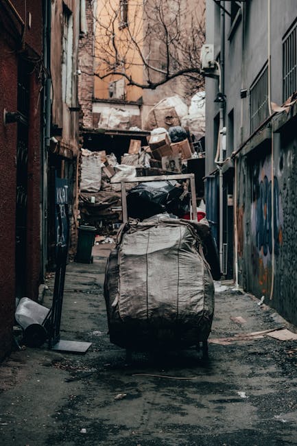 A narrow urban alleyway cluttered with large black and grey trash bags, some appearing torn or overfilled, situated on a damp, uneven pavement. In the background, an accumulation of discarded cardboard boxes, paper, and miscellaneous waste materials is piled against a wall, partially obscuring a view of leafless trees and the upper floors of nearby brick buildings. On the right side, a building features a grey wall with vents and graffiti, while the left side shows a rusted metal fence and peeling paint. A wheeled rubbish cart with a closed lid and handles is positioned in the foreground, partially blocking the view of the alley. The scene is lit with diffused natural light, suggesting overcast weather, and highlights the environment as representative of private waste collection or on-site rubbish clearance services in an urban setting, exemplified by the presence of the waste container and loose refuse typical of independent rubbish removal methods.
